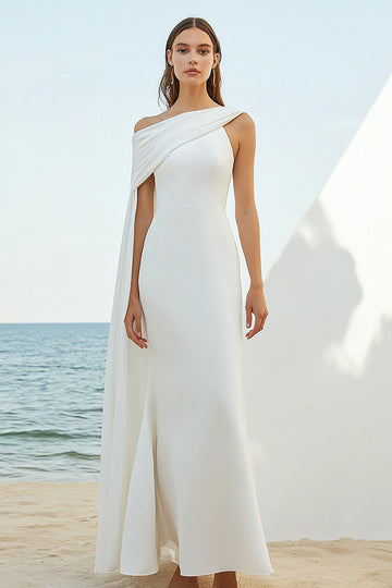 White Satin Sheath One Shoulder Long Boho Formal Dress with Cape